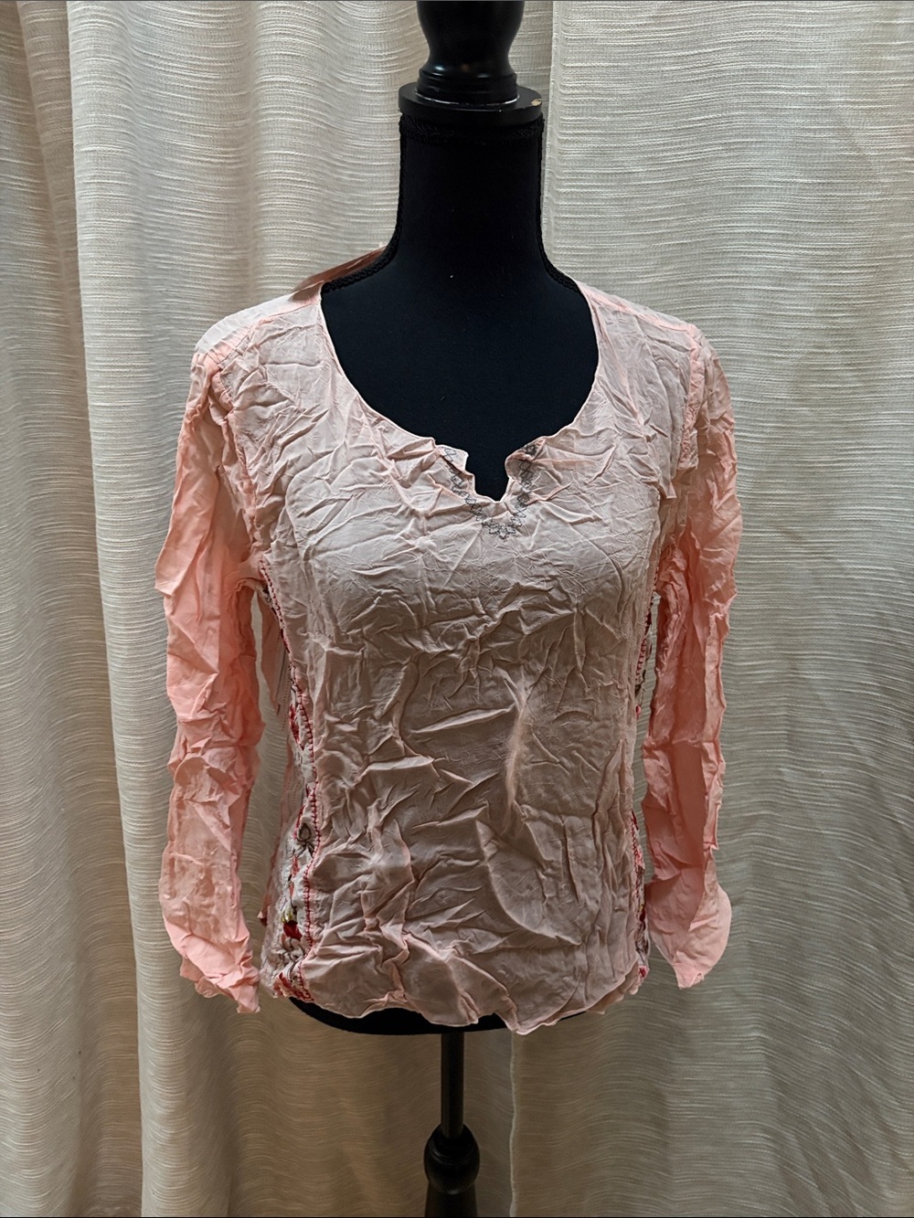 J. Jill Light Pink Long-Sleeve Peasant Blouse with Subtle Embroidery